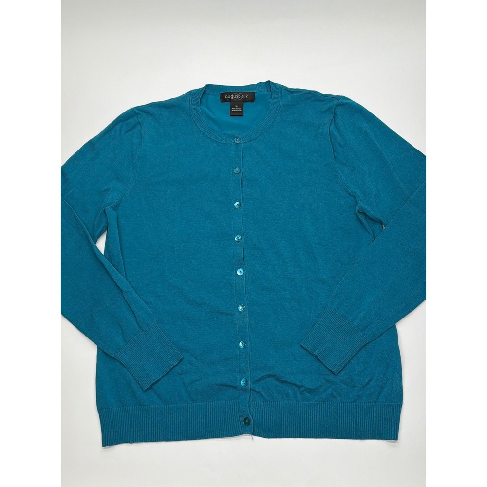 August Silk Teal Blue Silk Blend Crewneck Button Front Cardigan Sweater XL